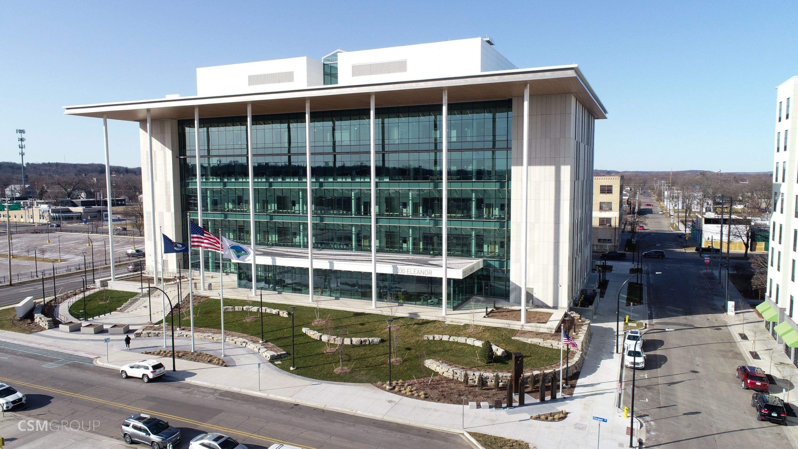 Exterior view of the new Kalamazoo Justice Facility, showcasing its modern architectural design and sleek aesthetics.