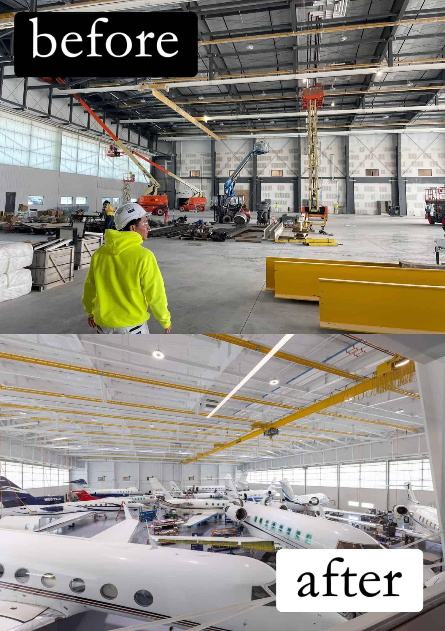 before and after pictures of a commercial painting project at a hangar in battle creek, mi
