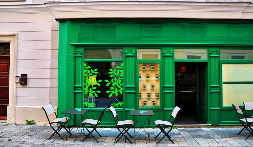 Green cafe on a small street top paint colors for storefronts