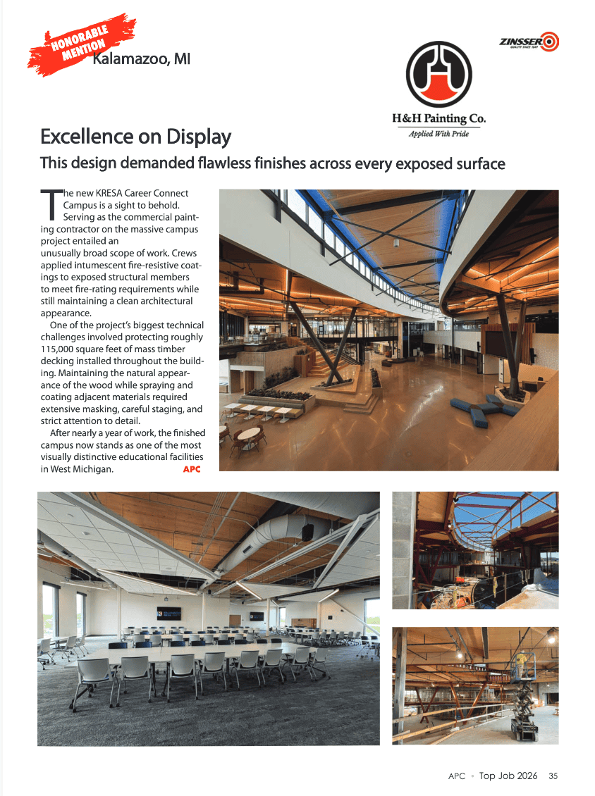 APC page 35 APC Top Job 2026 magazine feature titled Excellence on Display recognizing H&H Painting with an honorable mention for the KRESA Career Connect Campus